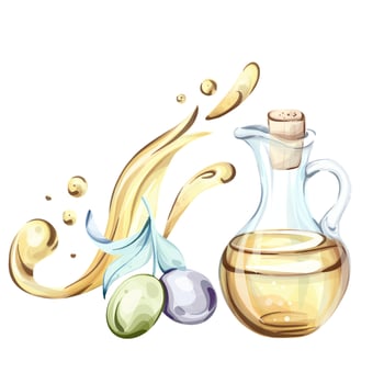 Olive oil, exploring the richness of olives and olive oil through watercolor illustrations that celebrate Italian cuisine and nature vector