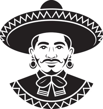 Traditional Mexican man character wearing sombrero and charro suit in black and white graphic silhouette illustration vector