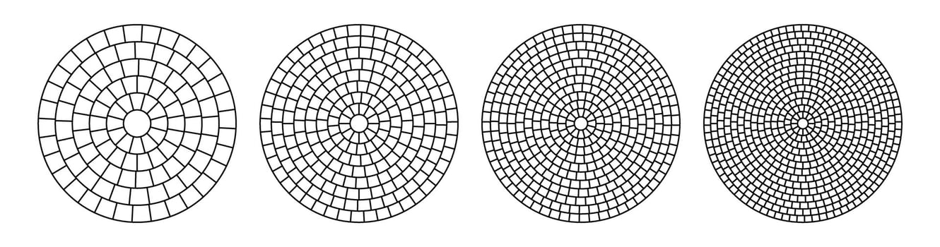 Paved circle pattern tile. Circular brick mosaic. Round radial stone pavement. Paving tile simple floor texture. Black line. illustration on white background vector