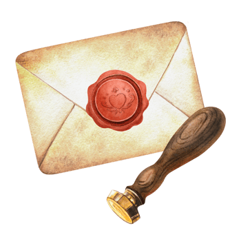 Vintage envelope with wax seal and wooden stamp tool. Watercolor composition with old letter. Ideal for romantic print, antique design, craft and handmade decor, postcards, stickers, scrapbooking png