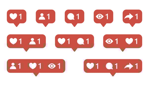 Social media notification icons set, heart, comment, follow, view, share symbols vector