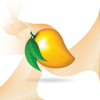 3d realistic vectors horizontal banner, mango juice splash, mango juice color background with flying leaves for your design, ads