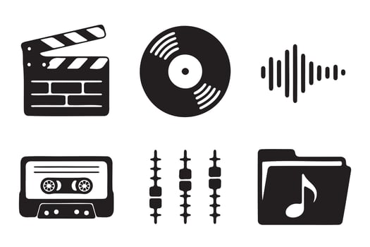 Collection of vintage music and film icons in a simple design. vector