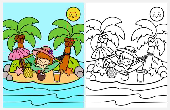 Happy girl laying on a hammock coloring page for kids, summer coloring page for kids vector