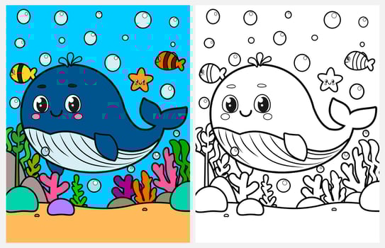 Cute whale underwater coloring page for kids, summer coloring pages for kids vector