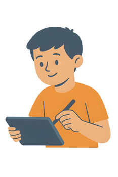 Boy using stylus on tablet with transparent background in a creative environment for digital art png