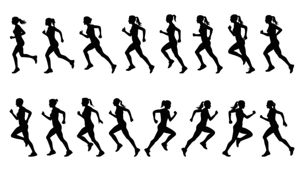 silhouettes of women and girls in sport show black outline illustration of running people, a marathon runner, and a soccer player in action vector