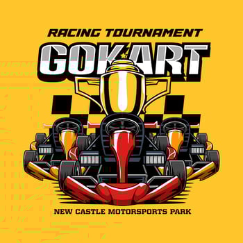 Three Go-Kart sport racing with checkered flag from front view cartoon illustration for poster, t-shirt print, business element, social media content, blog, sticker, vlog, and card vector