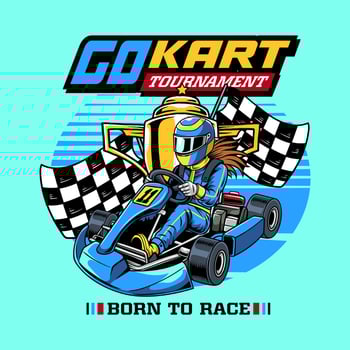 Kart sport racing, blue color with woman driver, gold trophy from side view cartoon illustration for poster, t-shirt print, business element, social media content, blog, sticker, vlog, and card vector