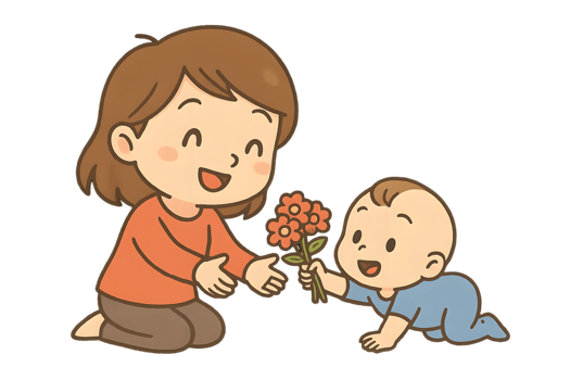 Crawling baby surprises mom with flowers in a transparent background cartoon style heartwarming scene png