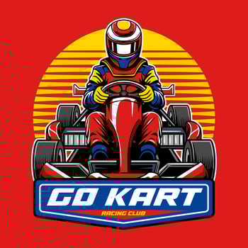 Red color Go Kart with a man driver emblem and Sunset front view cartoon illustration vector