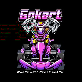 Pink color Go Kart with a woman driver and two pistons cartoon illustration vector