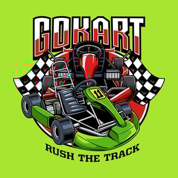 Two Go Kart sport with checkered racing flag emblem cartoon illustration in green background vector