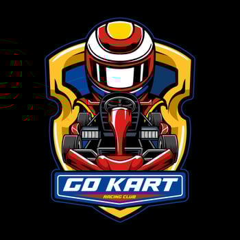 Kart sport racing, red color with a helmet driver from front view emblem logo cartoon illustration for poster, t-shirt print, business element, social media content, blog, sticker, vlog, and card vector
