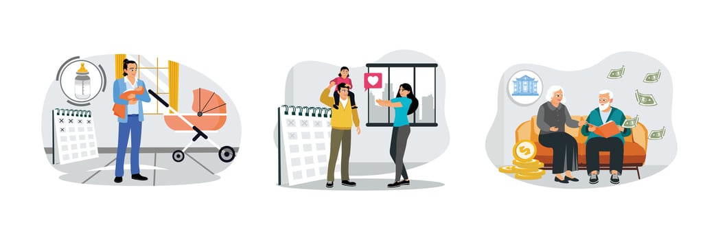Happy families raise children together and mature business couples plan for retirement. vector