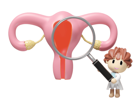 3d human uterus with doctor hand holding magnifying glass isolated. check uterus health concept, 3d illustration render png