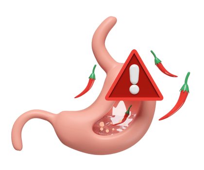 3d human stomach with exclamation mark, pepper, stomach acid, gas isolated. gastric disease concept, 3d illustration render png