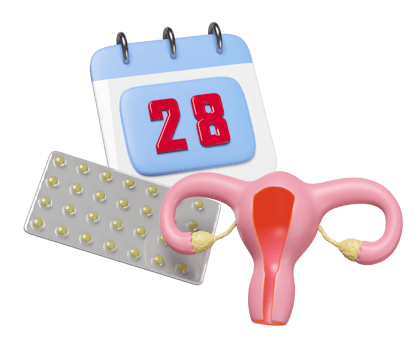 3d uterus model with calendar, birth control pills isolated. menstrual cycle concept, 3d illustration render png