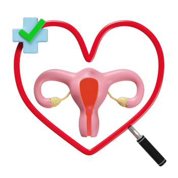 3d heart shaped magnifying glass with uterus model, cross, check mark isolated. check uterus health, medicare concept, 3d illustration render png