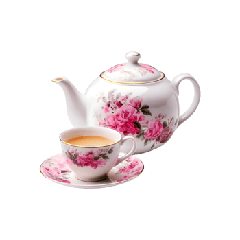 pink floral design ceramic tea pot and tea cup with tea on transparent background png