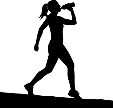 Silhouette of Active Woman Drinking Water While Running on a Landscape, Black and White vector