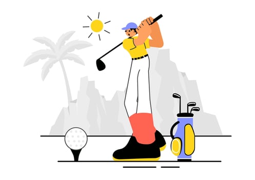 Sports Lifestyle Illustration with Golf Elements and Outdoor Scenery in Cartoon Style vector
