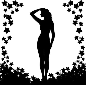 Elegant Woman Silhouette Surrounded by Black Flowers on White Background Design vector