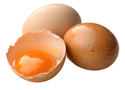 A close up of three eggs with one cracked open showing the vibrant yolk on a transparent background png