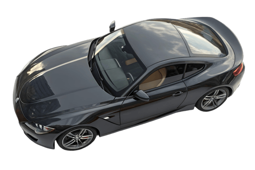 Aerial view of a sleek dark gray sports car with a glass roof on a transparent background studio shot png