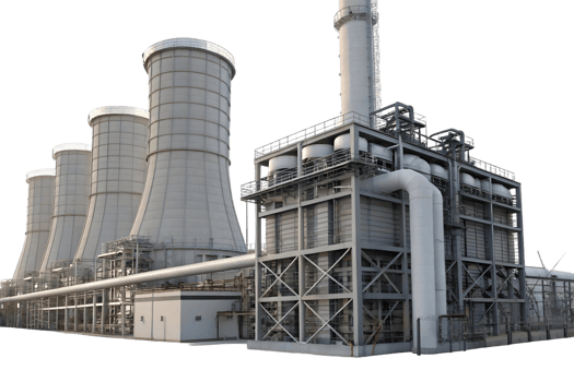 Industrial complex featuring cooling towers and a tall smokestack in a manufacturing environment png