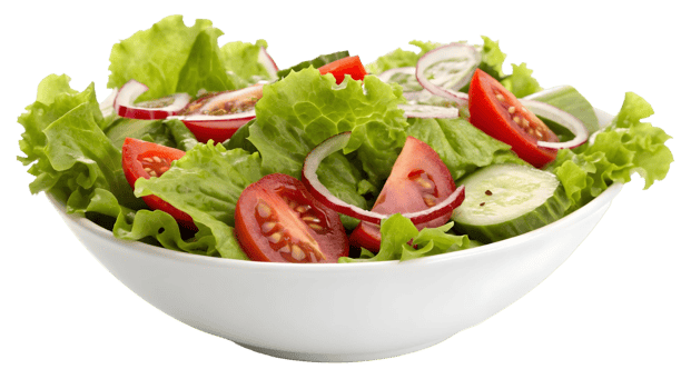 Fresh salad in white bowl with lettuce tomato cucumber and onion rings on transparent background png