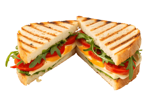 Close up of a grilled sandwich cut in half with tomatoes cheese and arugula on a transparent background png