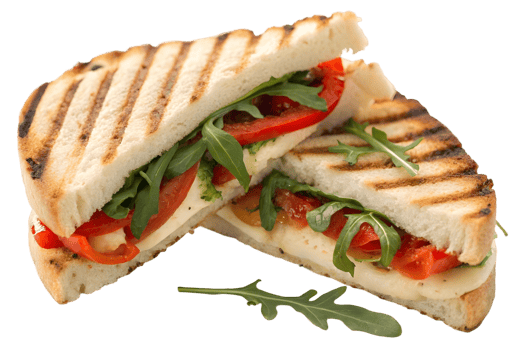 Grilled panini sandwich with tomatoes mozzarella and arugula on a transparent background close up png