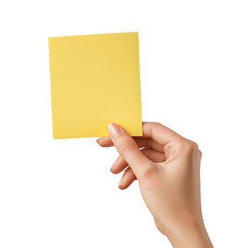 Female hand holding a small yellow paper note, isolated on a transparent background png