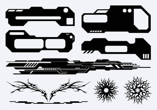 HUD futuristic frame border cyberpunk interface game tribal streetwear elements set panel cyber sci-fi, icon symbol editable vector