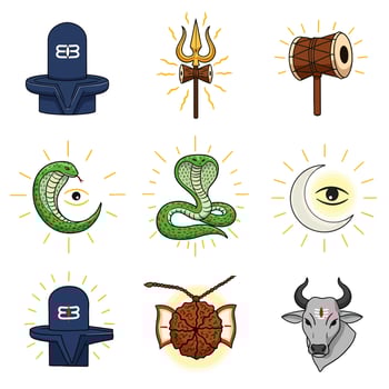 Hindu Gods Icons Shiva with Trishul, Damaru, and Cobra. vector