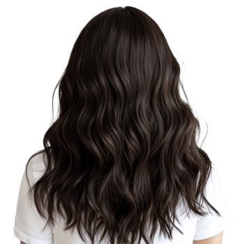 Intricate waves of long brunette hair cascade against an ethereal space png