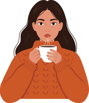 Woman wearing orange sweater holding steaming cup of coffee in portrait illustration vector