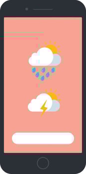 Smartphone displaying weather forecast icons with rain and thunderstorm symbols in flat style vector