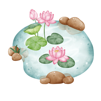 Lotus Pond Scene with Flowers and Leaves, Hand Drawn Water Garden png