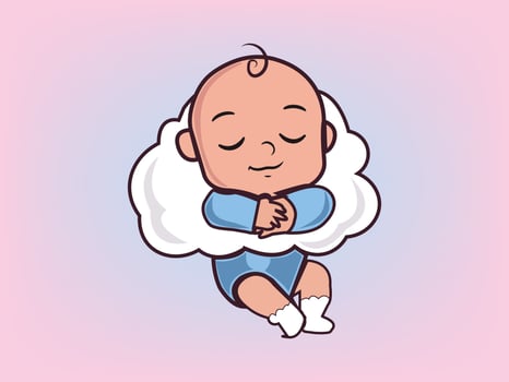 Infant baby boy sleeping on cloud, flat illustration, nursery. vector