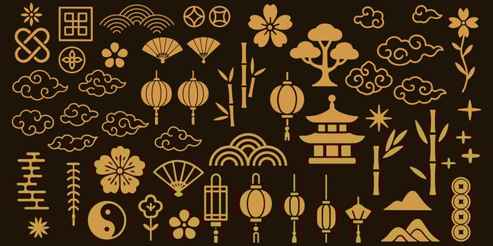 Collection of stylized chinese traditional elements featuring cultural icons and decorative motifs in a flat design style vector