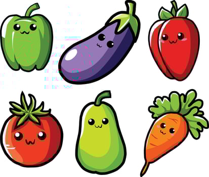 ute cartoon set of kawaii-style vegetables with smiling faces. Includes green bell pepper, eggplant, tomato and carrot. Bright, colorful, and playful illustration vector