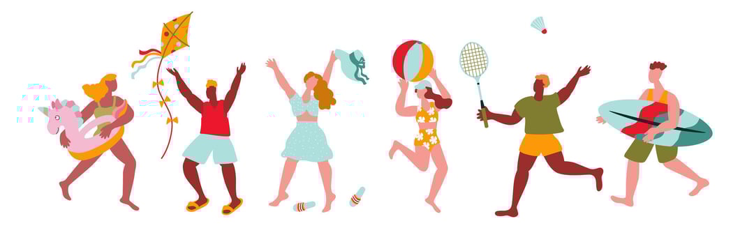 Happy people, beach holidays,summer vacation. Set of people engaged in active entertainment. vector