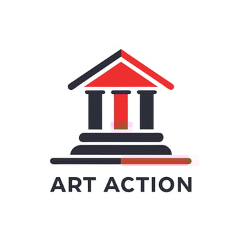 Prestigious minimalist logo design featuring a stylized auction house structure with bold colors and simplified forms, representing a leading venue for art auctions vector