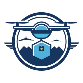 logo representing a drone delivery service featuring a helicopterstyle drone above a hexagonal delivery box with stylized mountains in the background vector