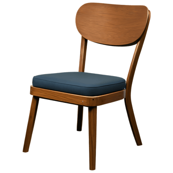 A wooden chair with blue seat and back png