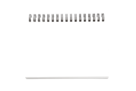 Blank white spiral bound notepad or sketchbook with black wire binding shown isolated png