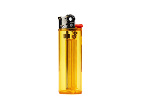Standard disposable lighter with a transparent yellow body and red lever shown vertically png