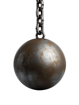 Heavy metal wrecking ball showing rust and wear hanging from thick industrial chain png